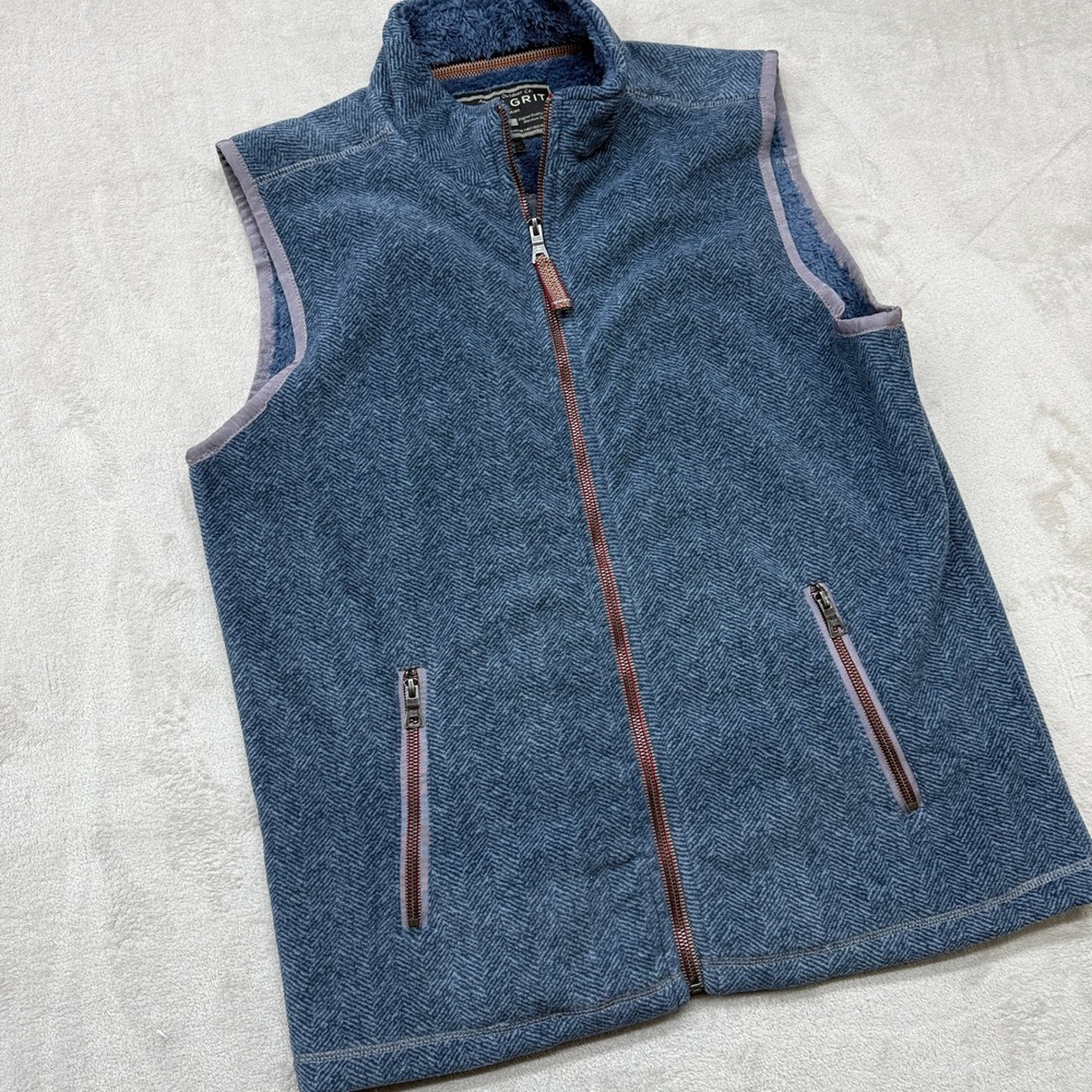 True Grit Vest Men Large Blue Fleece Herringbone Faux Fur Lined Full Zip Outdoor